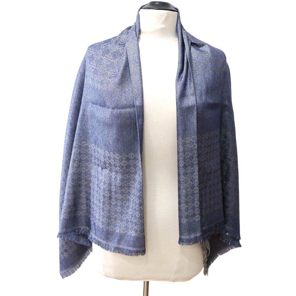 B0 New Auth HENRI BENDEL Square Blue Logo Modern Monogram Pashmina 56"x56" $148